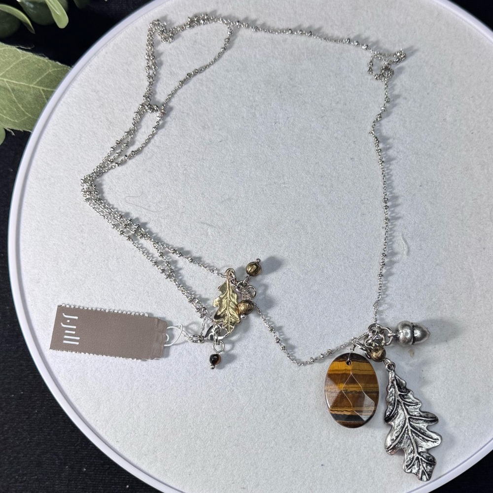 J Jill Silver Tone Acorn & Tiger's Eye Pendant Necklace 32 inch